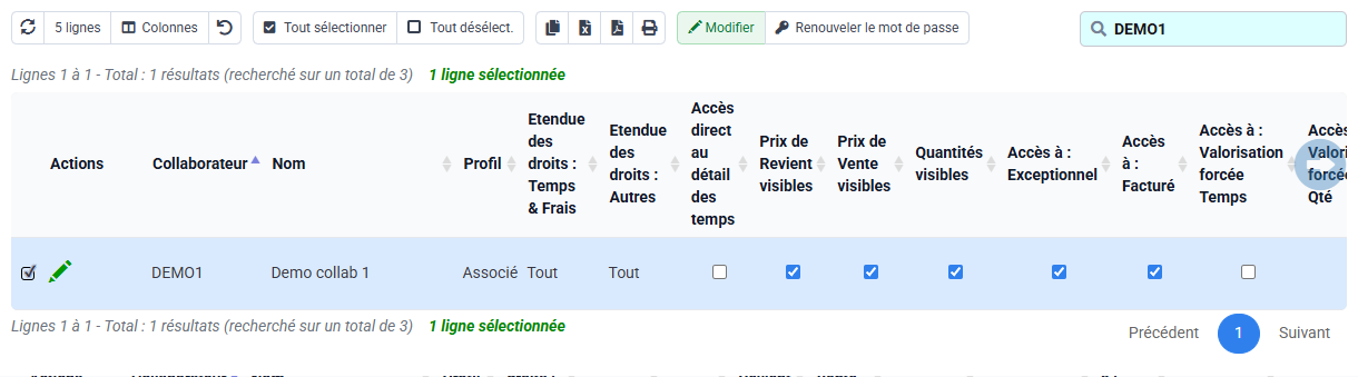 Capture Tempolia : Les logins collaborateurs relient chaque utilisateur à ses droits et profils applicatifs.