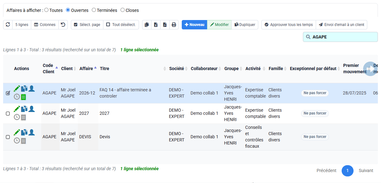 Capture Tempolia : La liste des affaires rattache clients, codes dossier, activités, responsables et états.