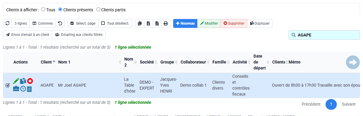 Capture Tempolia : La liste clients est le point de contrôle des identités, responsables, statuts et filtres.