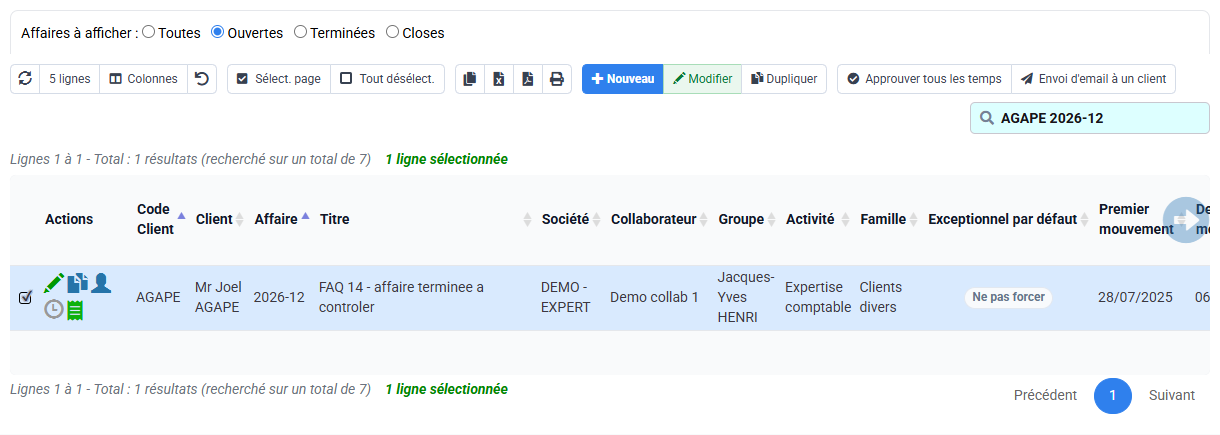 Liste Tempolia filtrée sur un client et une affaire ouverte