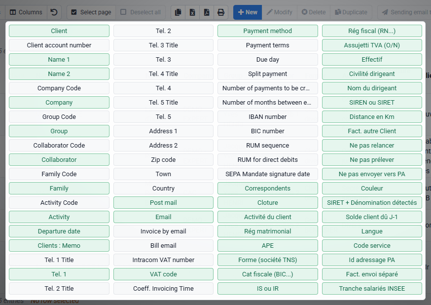 Tempolia screenshot of the Columns menu opened in a table