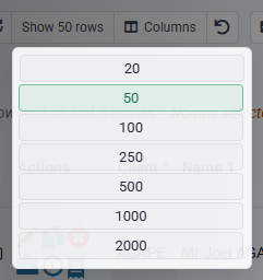Tempolia screenshot of the row-count menu opened in a table
